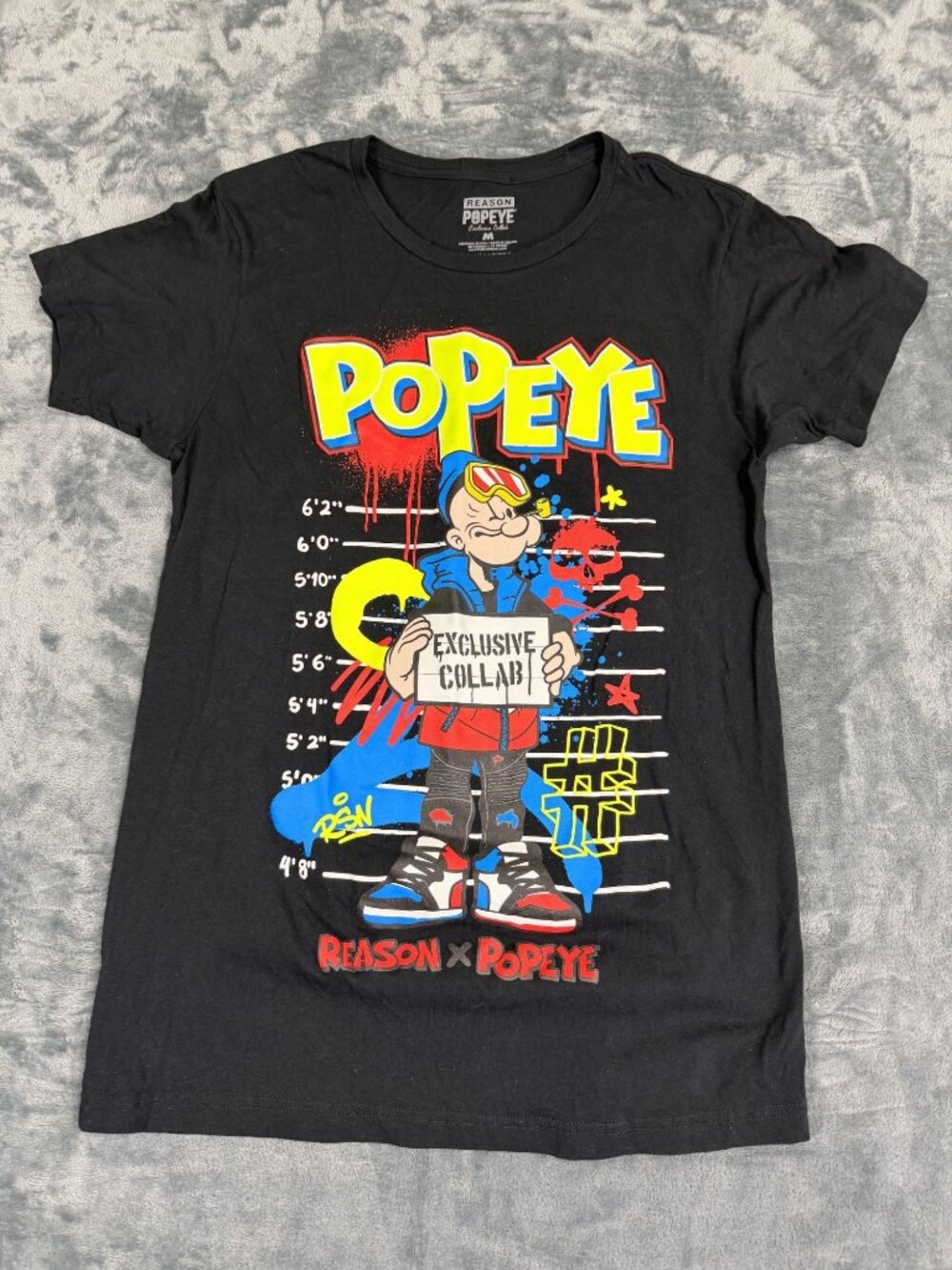 Reason x Popeye Exclusive Collab Black Graphic T-Shirt Medium 100% Cotton
